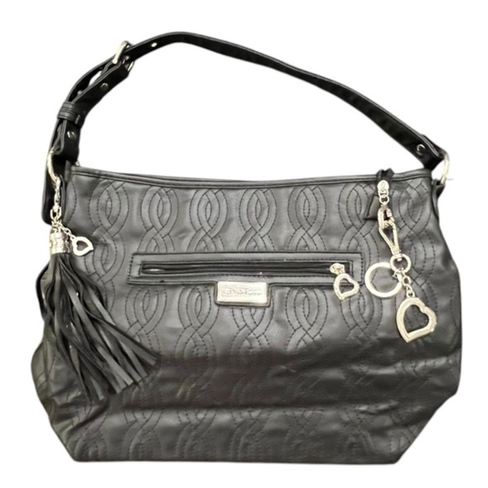 Bella Russo Bag Black Emboss Faux Leather Tassle Zip w/Heart Charms CUTE!‎